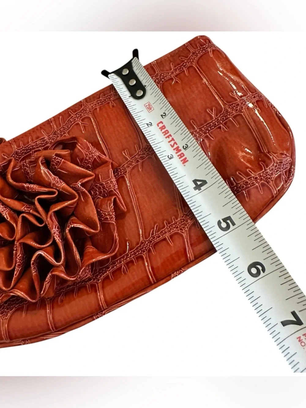 CHATEAU Vintage Y2K Wristlet Orange Croc-Embossed Ring Handle Flower Accent